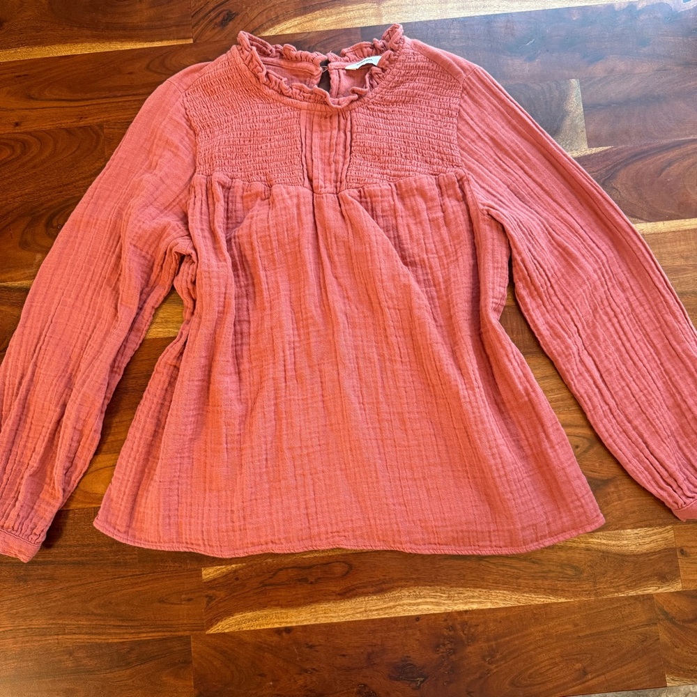 Women’s Coral Pink Gauze Long-Sleeve Ruffle Neck Top